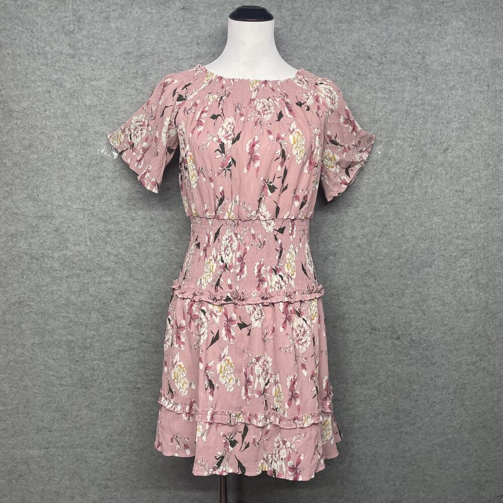 NWT Pink Diamond Floral Off Shoulder Smocked Mini Dress Pink Women L Cottagecore